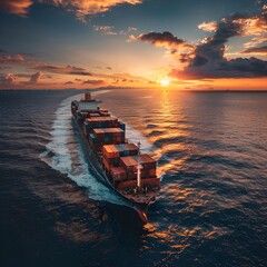 Sunset Cargo Ship Navigating Tranquil Oceanic Trade Routes in Global Logistics Network