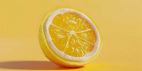 A slice of lemon with water droplets on it, Half lemon citrus fruit isolated on yellow background.