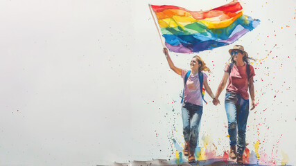 Watercolor paint of 2 women holding rainbow flag for pride celebration