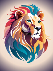 Lion`s colorful head on the gradient purple and beige background 