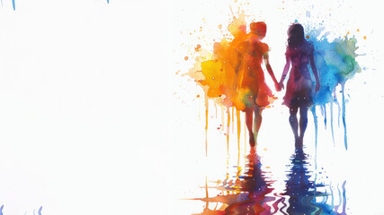 Fototapeta premium Rainbow watercolor of 2 women holding hands for pride equality celebration