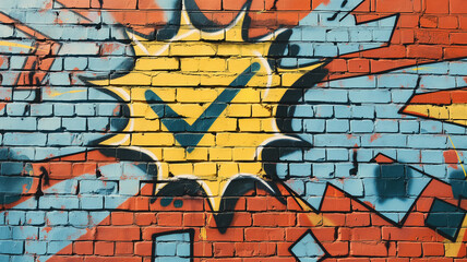 Obraz premium Pop art comic street graffiti with a check mark on a brick wall. Fantastic background. 
