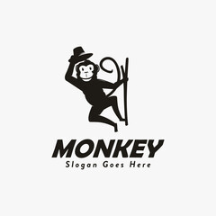 Simple hanging Monkey logo vector design, monkey holding hat logo on white background