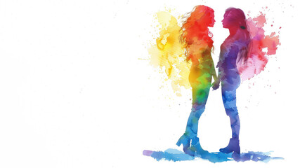 Rainbow watercolor paint of 2 women walk for pride equality celebration