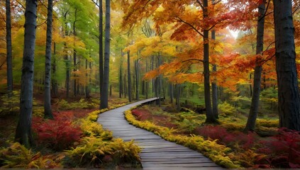 Beautiful wooden pathway going the breathtaking colorful trees in a forest