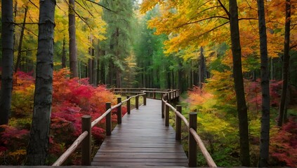 Beautiful wooden pathway going the breathtaking colorful trees in a forest