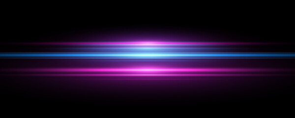 Bright horizontal rays on black background. Purple and blue lens flare. Abstract light effect. Vector illustration. EPS 10.