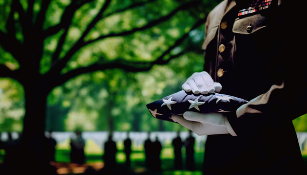Ssoldier holding an American Flag at a funeral