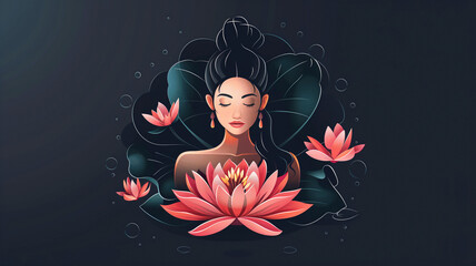 Illustrated icon/logo/design of a woman's face adorned with jewelry and pink lotus flowers. Logo for wellness, aromatherapy, healing, recovery or massage business.