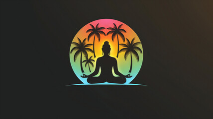 Illustrated icon/logo/design of a golden meditating person sitting cross legged on a beach between palm trees at sunset. Logo for wellness, aromatherapy, healing, recovery or massage business.