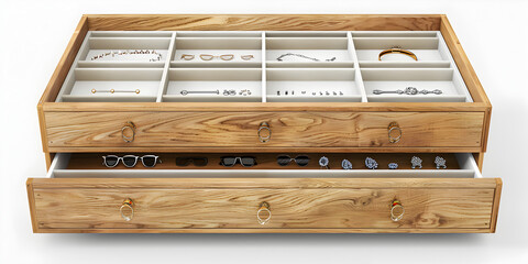 a hyper detailed shot of a desk drawer with organized stationery and office accessories, 