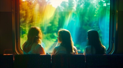 The wonder joy teenager’s friends enjoy rainbow light and view on train vocations as Pride month LGBTQ+ concept