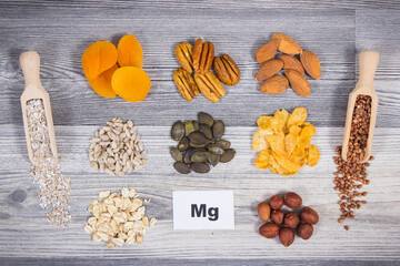 Inscription Mg with healthy ingredients containing magnesium, vitamin and minerals