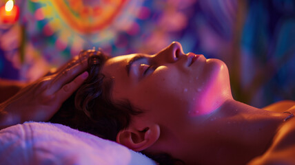 Obraz premium Handsome man's head as a female masseuse gives him a scalp massage. Background for massage, spa, wellness or healing brand.