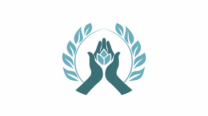 Abstract illustration of hands holding a lotus flower surrounded by blue leaves on a white background. Logo for massage, wellness, healing, recovery or aromatherapy business.