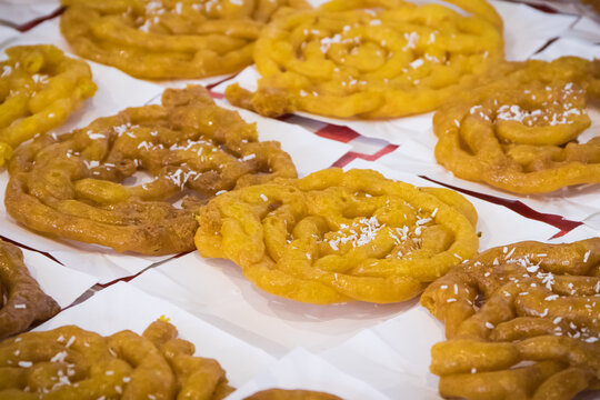 Fresh crunchy aromatic jalebi, zoolbia. Traditional dish Iranian cuisine
