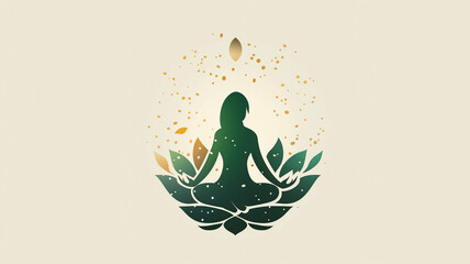 Illustrated icon/logo/design of a woman meditating while sitting cross legged in green leaves. Logo for wellness, aromatherapy, healing, recovery or massage business.