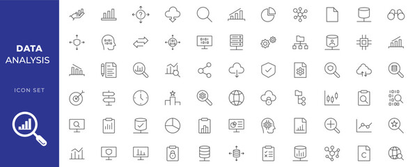 Data analysis thin line icon mega set. Data processing outline pictograms for website and mobile app GUI. Digital analytics simple UI, UX vector icons