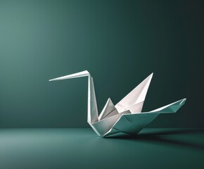 a simple white origami crane on a green background