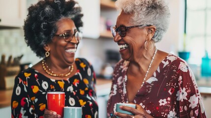Senior African American woman and senior biracial woman share a joyful moment with coffee at home - Powered by Adobe