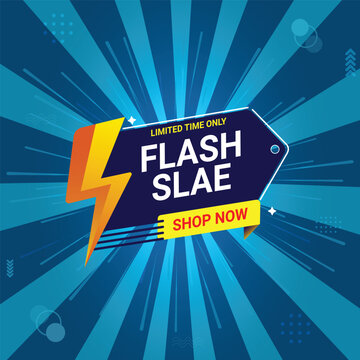 Blue Flash Sale Banner or poster template with flash icon, tag shape, Limited time only and shop now text. Sunburst blue background, with geometrical shapes as background objects, editable vector