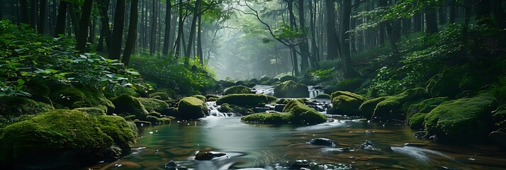 mountain stream in the forest, Japanese forest realistic nature and landscape