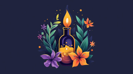 Abstract design of a bottle holding essential oils surrounded by plants and flowers with a candle burning on top. Logo for wellness, healing or aromatherapy business.