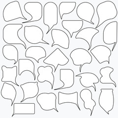 Collection of hand drawn think and talk speech bubbles with love message, greetings and sale ad. Doodle style comic balloon, cloud, heart shaped design elements. Isolated vector.