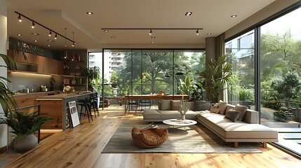 Hyperrealistic view of an open plan living space with a seamless integration of living, dining, and kitchen areas, featuring modern decor and large windows for natural light, no people .