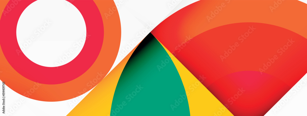 Poster A closeup shot of a vibrant circle and triangle on a white background, showcasing colorfulness, symmetry, and pattern. The bold colors and geometric shapes create a captivating design