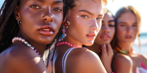 Close-up portrait of four diverse teenagers bonding, with an emphasis on multicultural beauty