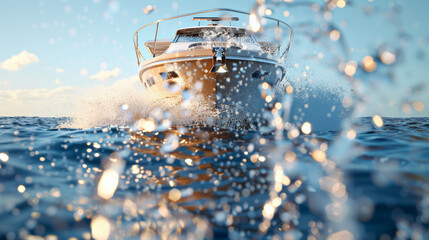  front view of yacht out of the water, splashing, set against the backdrop of a deep blue ocean. 