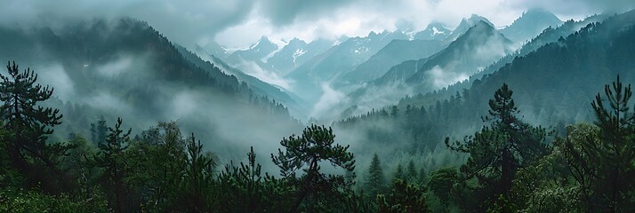 Mountain summer landscape with forest and high peaks, Caucasus, A view of the main Caucasian ridge,...
