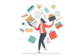 A woman is holding a stack of books and a bag. She is surrounded by many items, including a clock, a cup, and a bottle. Concept of busyness and productivity