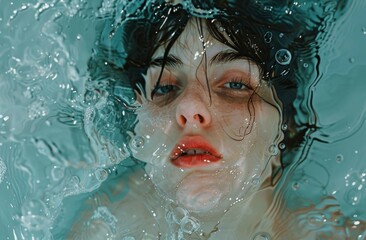 Intriguing close-up of a woman's face partially submerged in water with bubbles around her