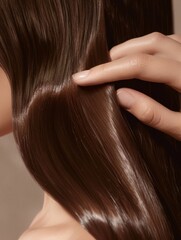 Obraz premium Detailed view highlighting the texture and sheen of well-maintained, long brown hair, possibly from a haircare routine