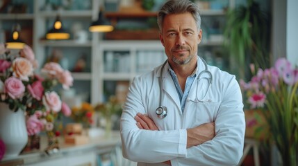 A trustworthy male doctor posing with arms crossed in a modern clinic, exuding professionalism