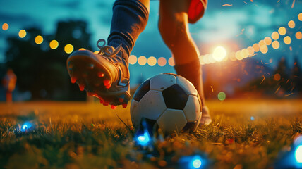Low shot of a a players feet with cleats kicking a soccer ball on a grass field while backlit by...