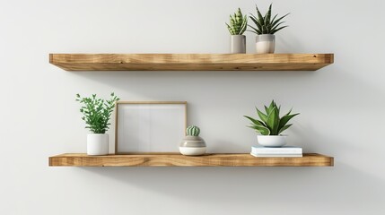 Wooden floating shelf on white wall. Storage organization, wall decor for home. - Powered by Adobe