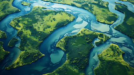 a drone aerial view of a river and green fields. Generative AI