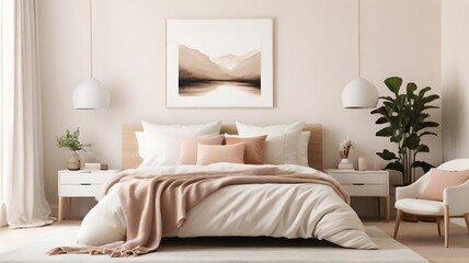 Blank white modern minimalist wall art mockup canvas, against a aesthetic pearl color wall background, blank bedroom wall art mockup with pearl theme