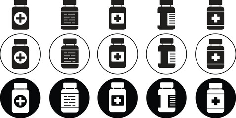 Set of Medicine bottles icons. Drugstore logos illustration. Medication. Contour symbols. Pharmacy signs vectors isolated on transparent background. Fill styles for mobile concepts and web designs.