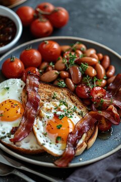 Full English breakfast on plate.