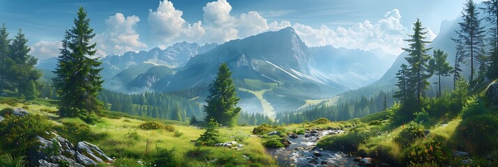 Mountain summer landscape with old spruce realistic nature and landscape