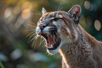 Obraz premium Roaring cougar or mountain lion hunts its prey