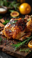 Roasted whole chicken on a wooden board.