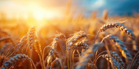 Naklejka premium Wheat field. Ears of golden wheat closeup. Harvest concept.