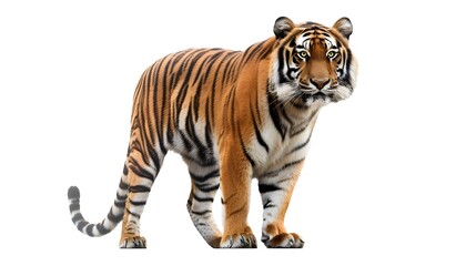 Obraz premium Side View Profile Tiger Standing Isolated White Background Wildlife Portrait 