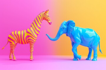 Two blue and yellow animals, a zebra and an elephant