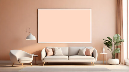 Blank white modern minimalist wall art mockup canvas, against a apricot color wall background, blank drawing room wall art mockup with light apricot theme